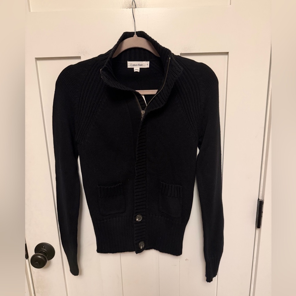 Calvin Klein 100% Cotton Thick Knit Zip Front Sweater NWT Preppy Size XS Buttons